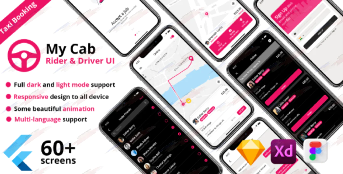 Taxi service Android + iOS + Figma + Sketch XD | Flutter | My Cab Driver & Rider Taxi Booking